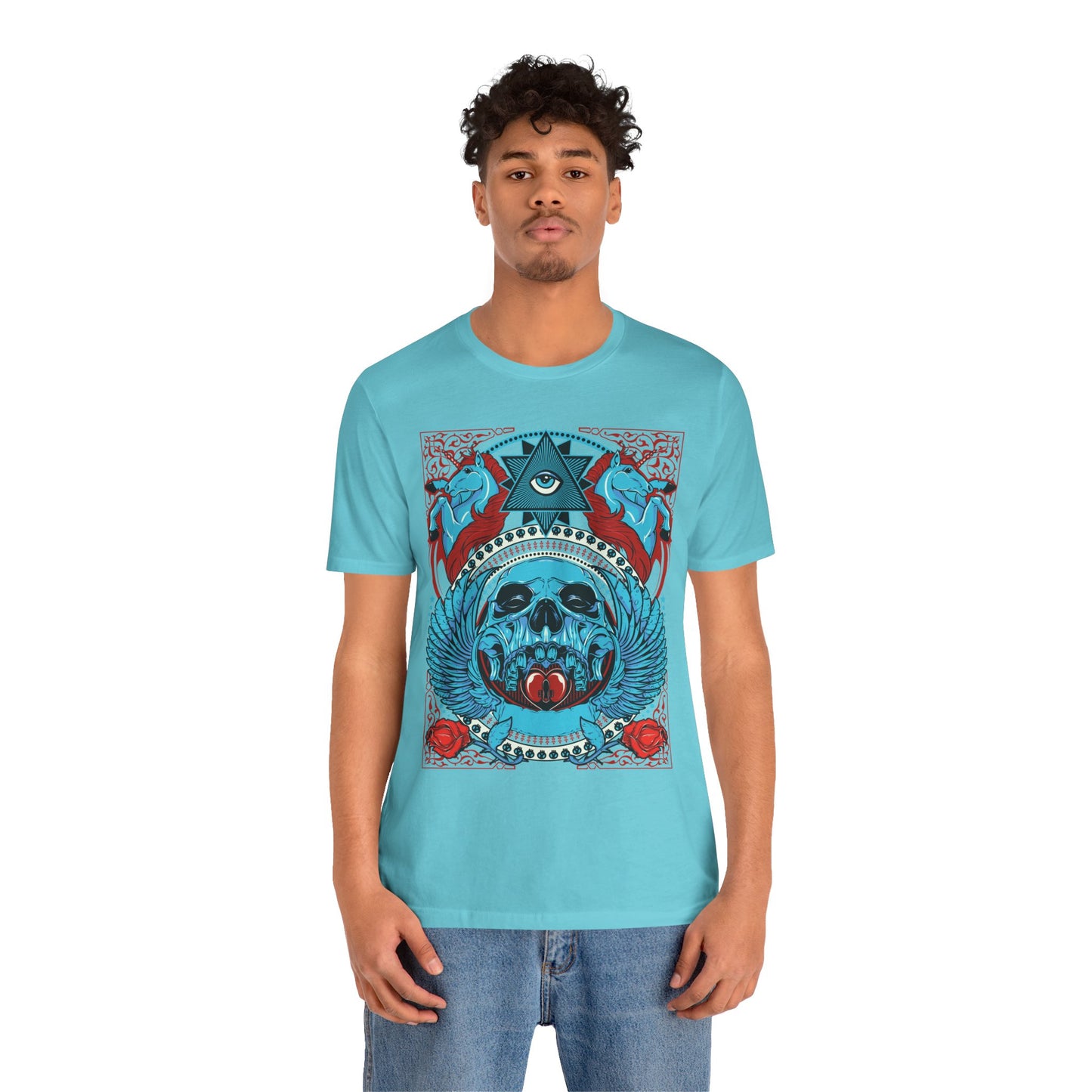 All-Seeing Skull Illustration Tee Winged Skull Third Eye Roses T-Shirt