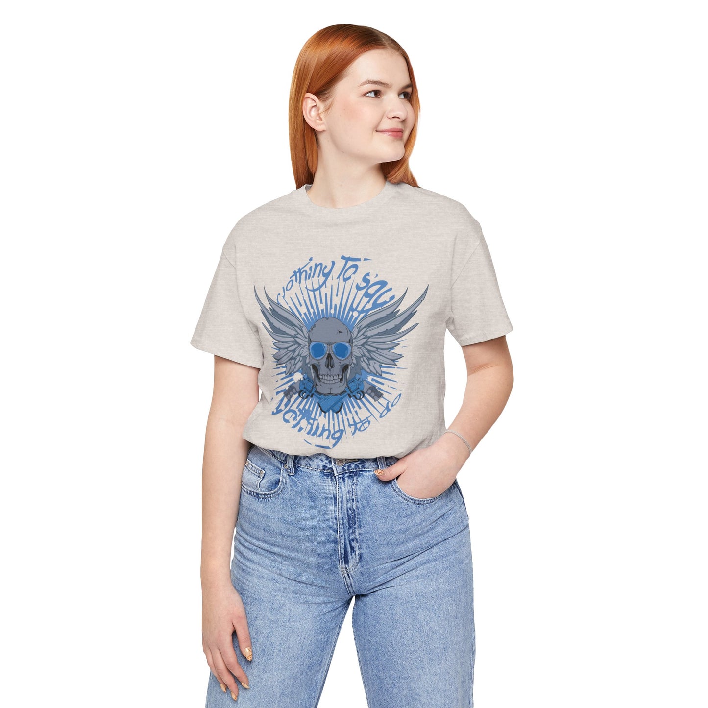 Winged Skull Graphic Tee | Blue Skull with Wings, Radiant Burst