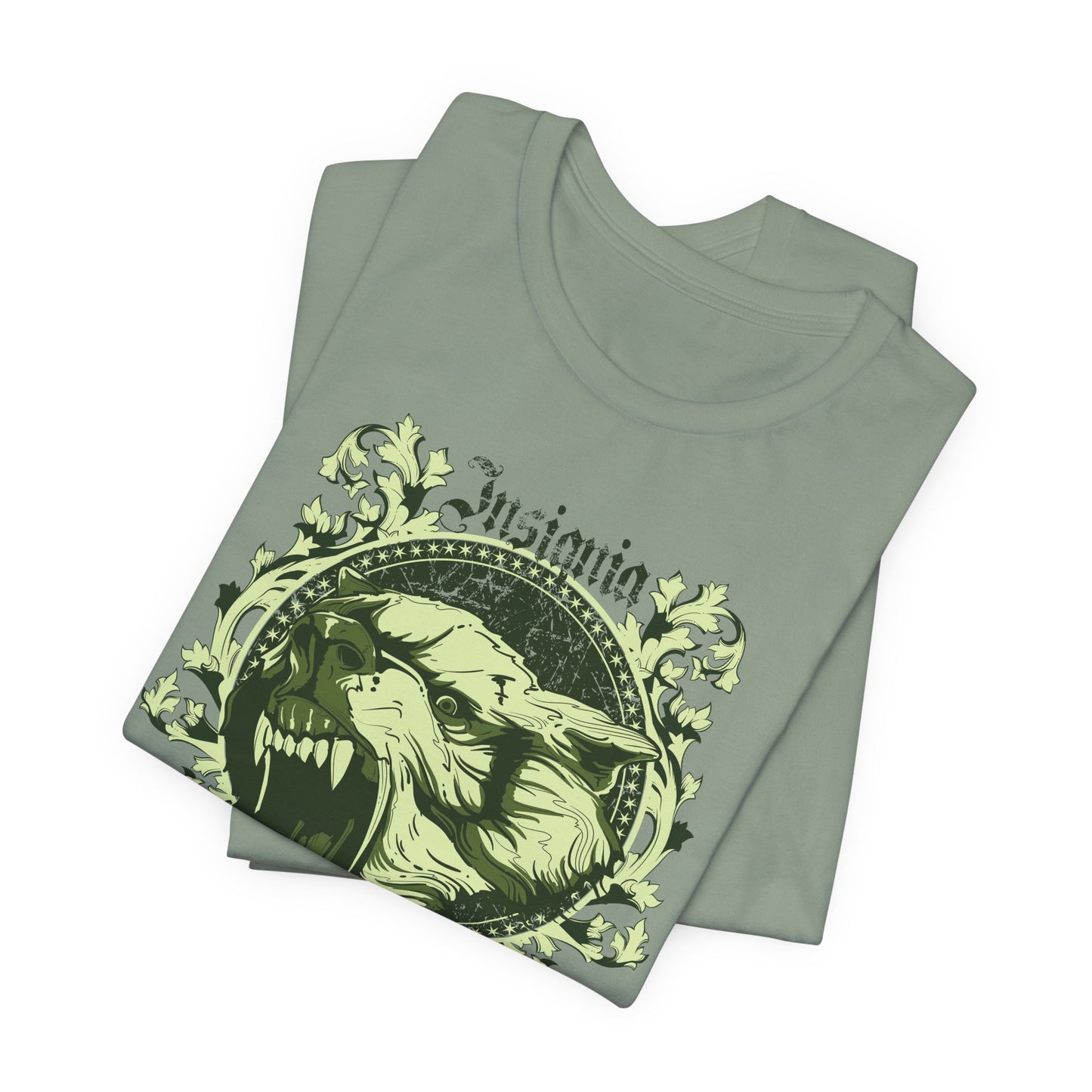 Howling Wolf Skull Tee Gothic Vintage Crest, Green Graphic Shirt Art-54