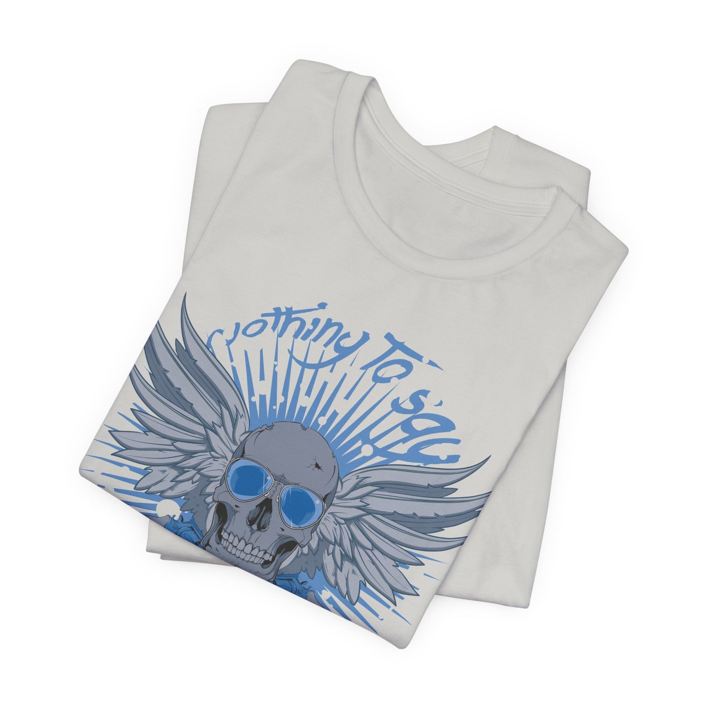 Winged Skull Graphic Tee | Blue Skull with Wings, Radiant Burst