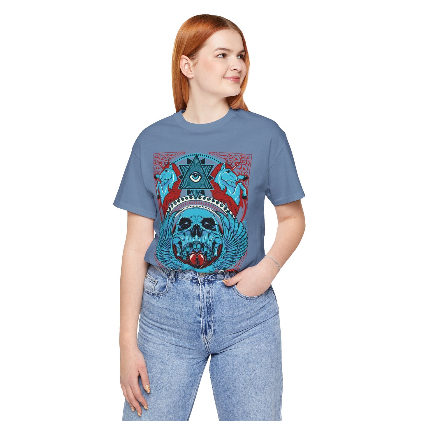 All-Seeing Skull Illustration Tee Winged Skull Third Eye Roses T-Shirt