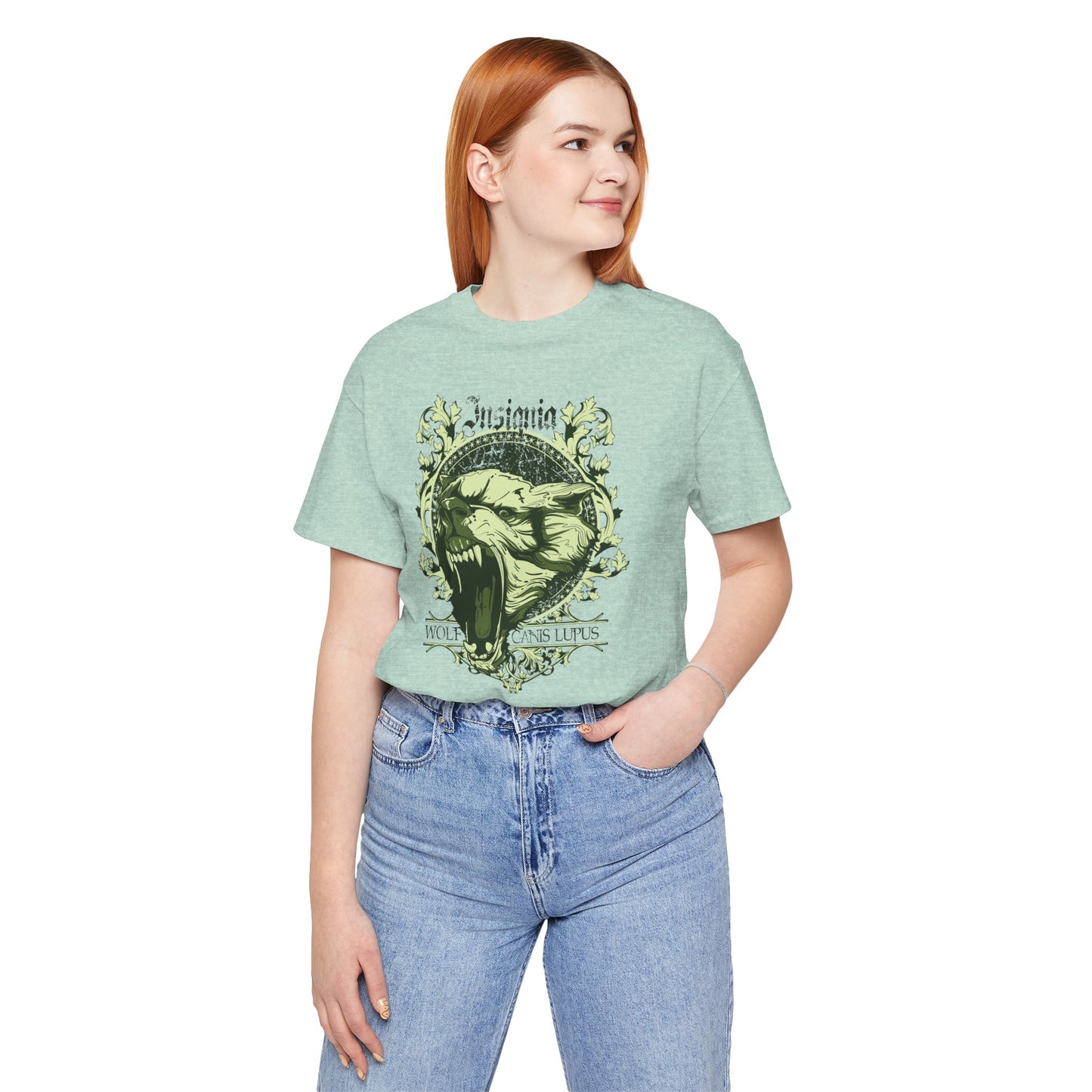 Howling Wolf Skull Tee Gothic Vintage Crest, Green Graphic Shirt Art-54
