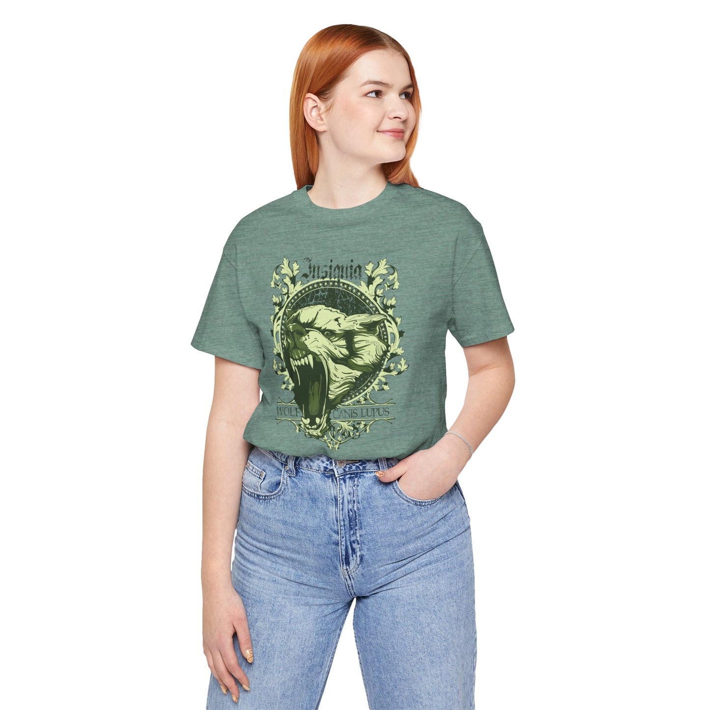 Howling Wolf Skull Tee Gothic Vintage Crest, Green Graphic Shirt Art-54