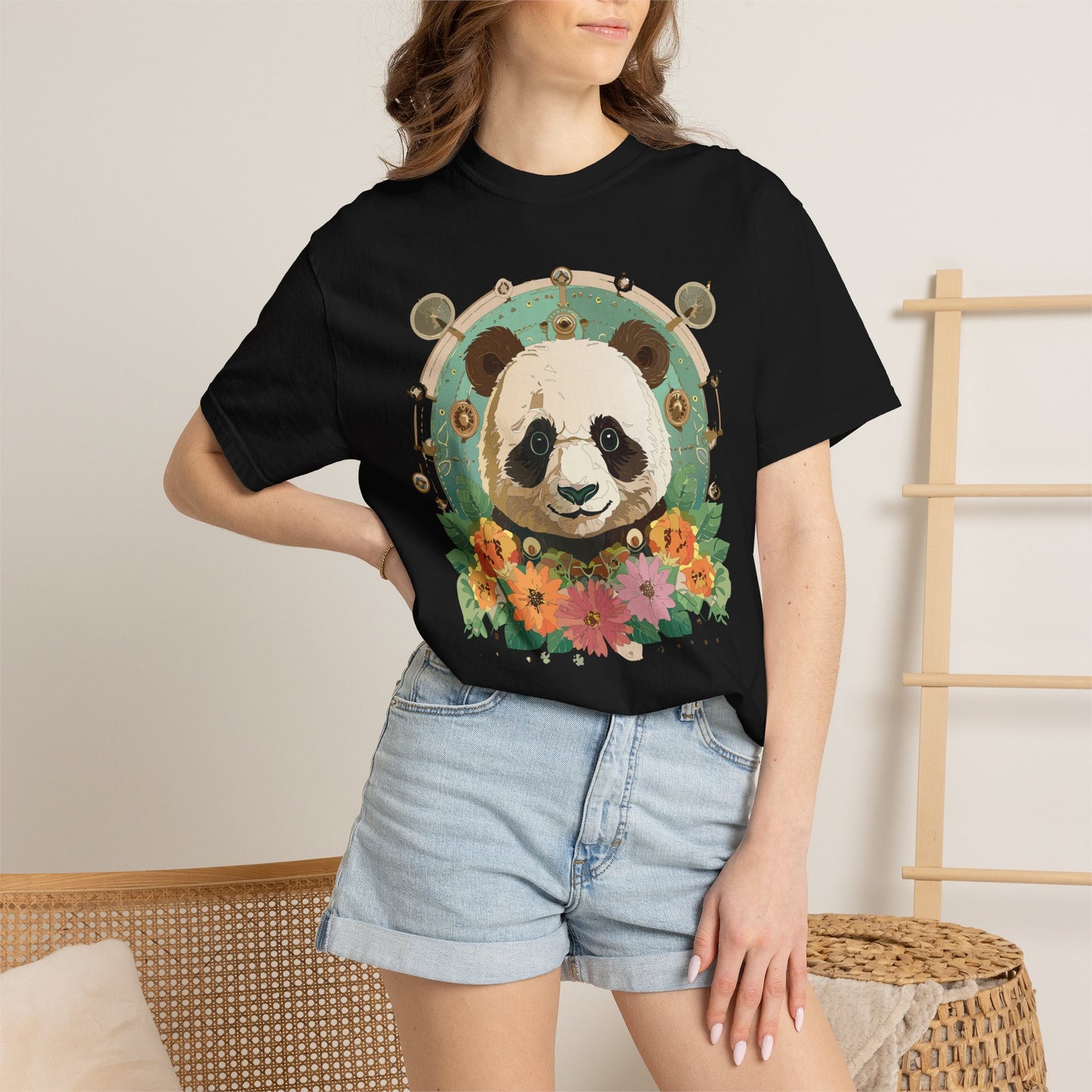 Panda Portrait T-Shirt Unisex Cotton Floral Chinese Graphic Circle Animal Art Tee p3