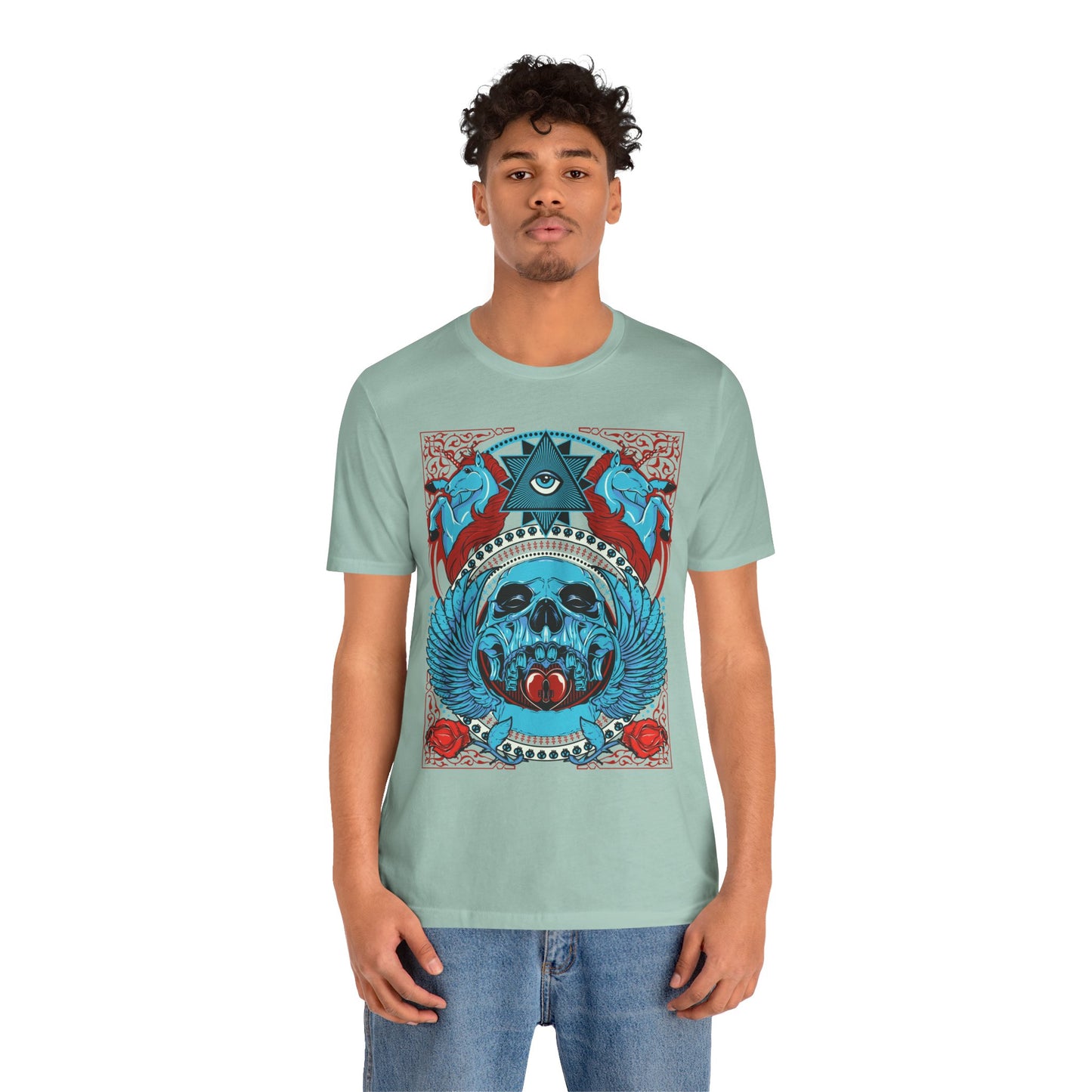 All-Seeing Skull Illustration Tee Winged Skull Third Eye Roses T-Shirt