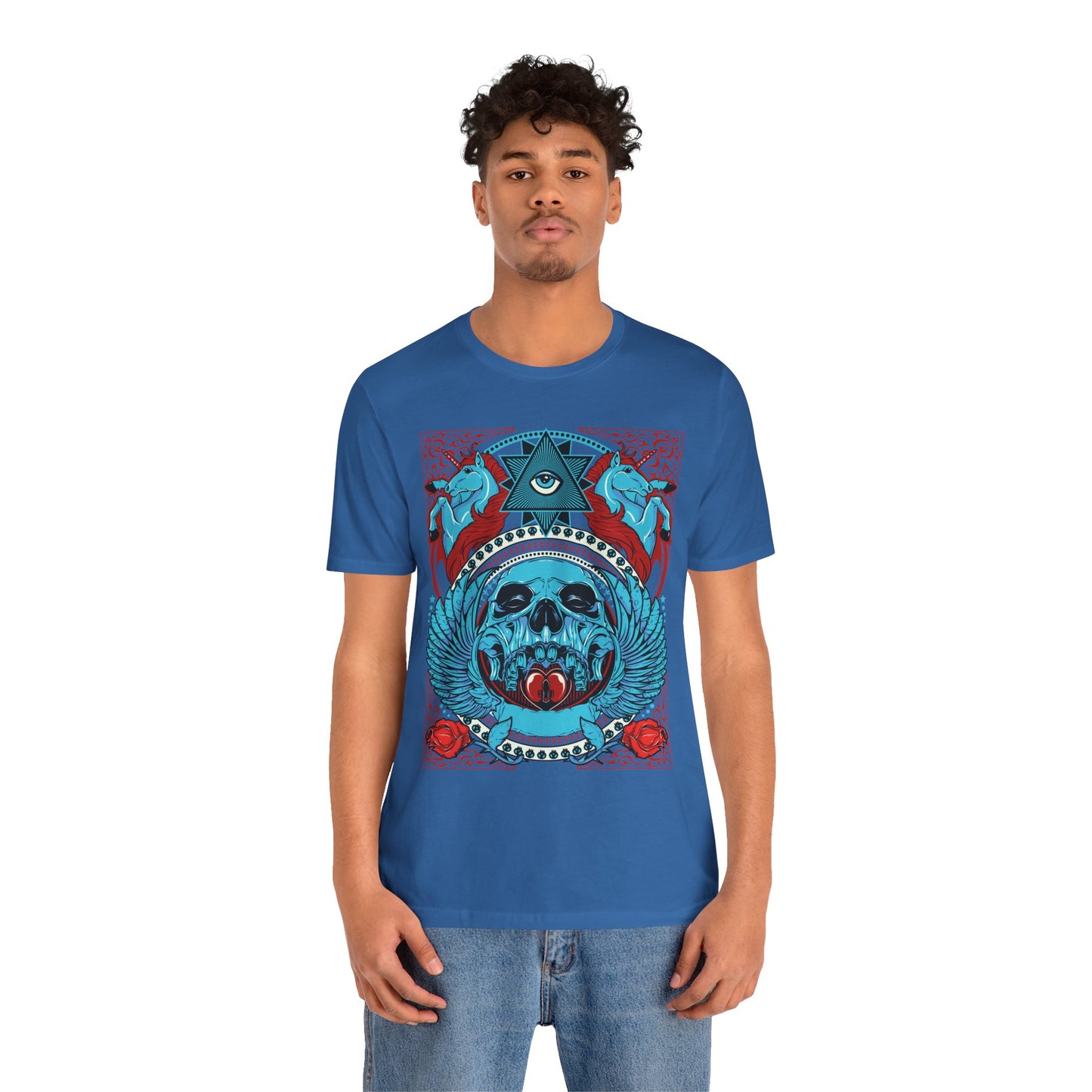 All-Seeing Skull Illustration Tee Winged Skull Third Eye Roses T-Shirt