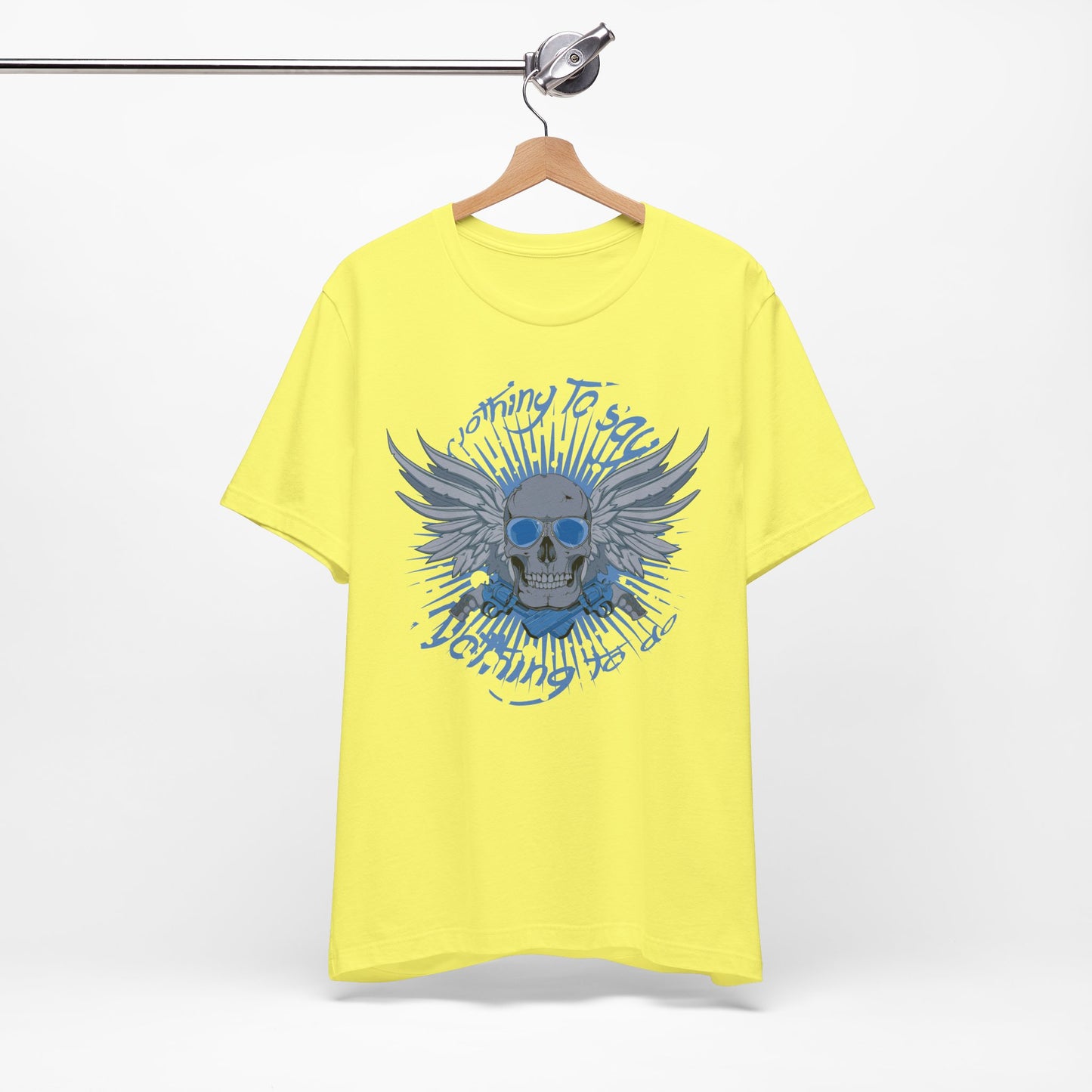 Winged Skull Graphic Tee | Blue Skull with Wings, Radiant Burst
