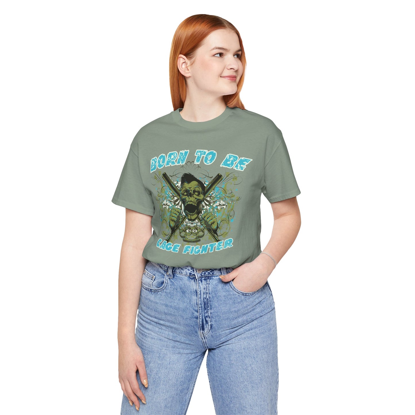 Born To Be Cage Fighter Tee Skull Crossed Knives Graphic T-Shirt