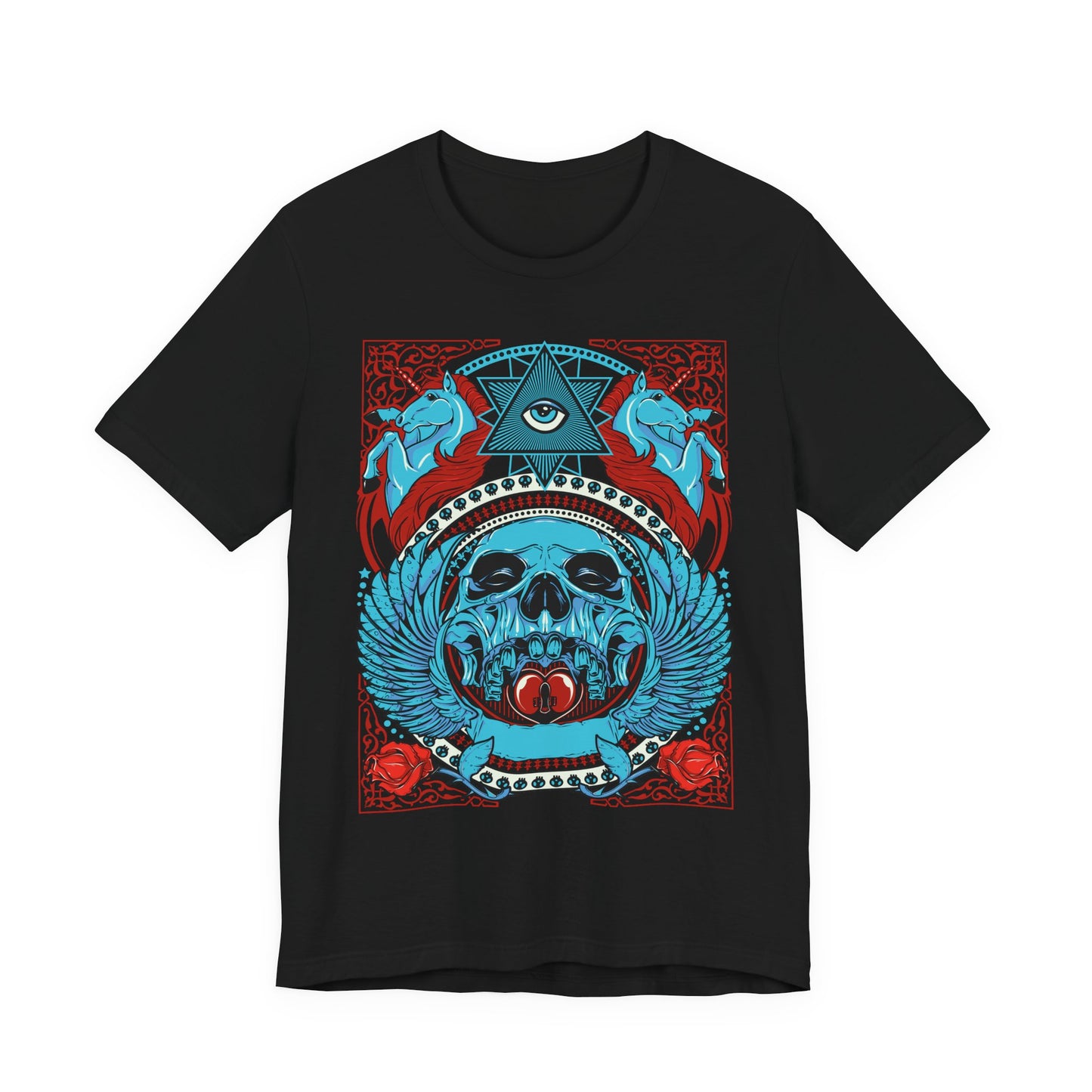 All-Seeing Skull Illustration Tee Winged Skull Third Eye Roses T-Shirt