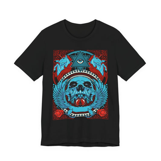 All-Seeing Skull Illustration Tee Winged Skull Third Eye Roses T-Shirt
