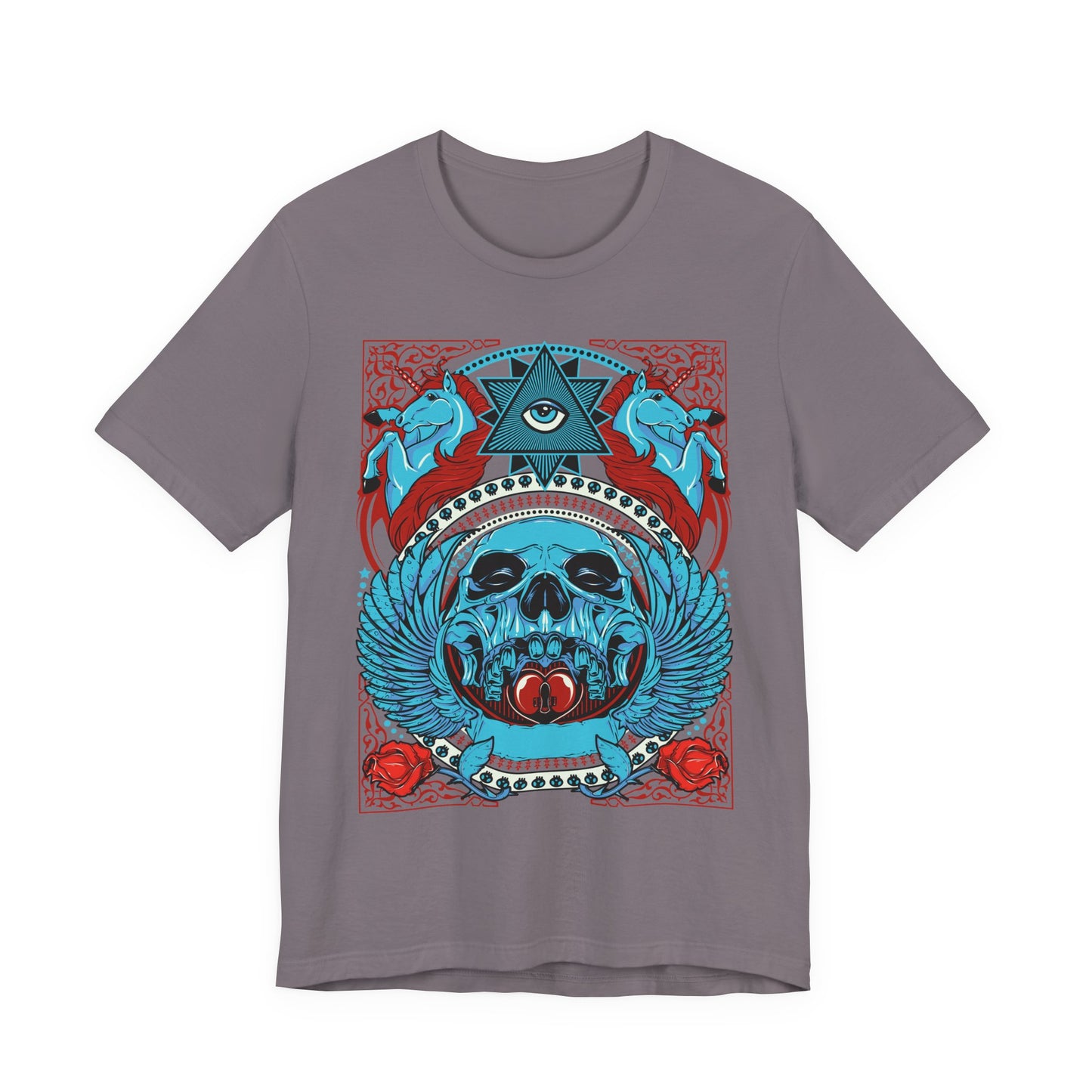 All-Seeing Skull Illustration Tee Winged Skull Third Eye Roses T-Shirt