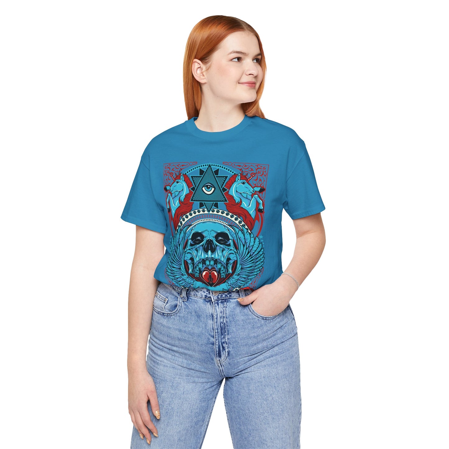 All-Seeing Skull Illustration Tee Winged Skull Third Eye Roses T-Shirt