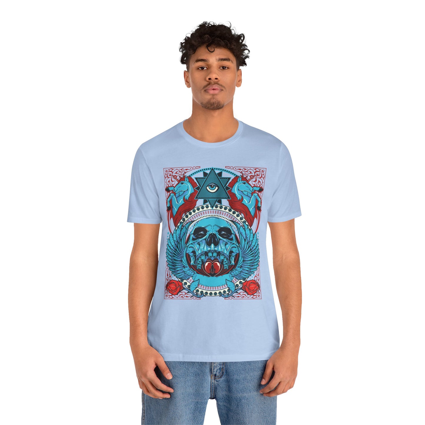 All-Seeing Skull Illustration Tee Winged Skull Third Eye Roses T-Shirt