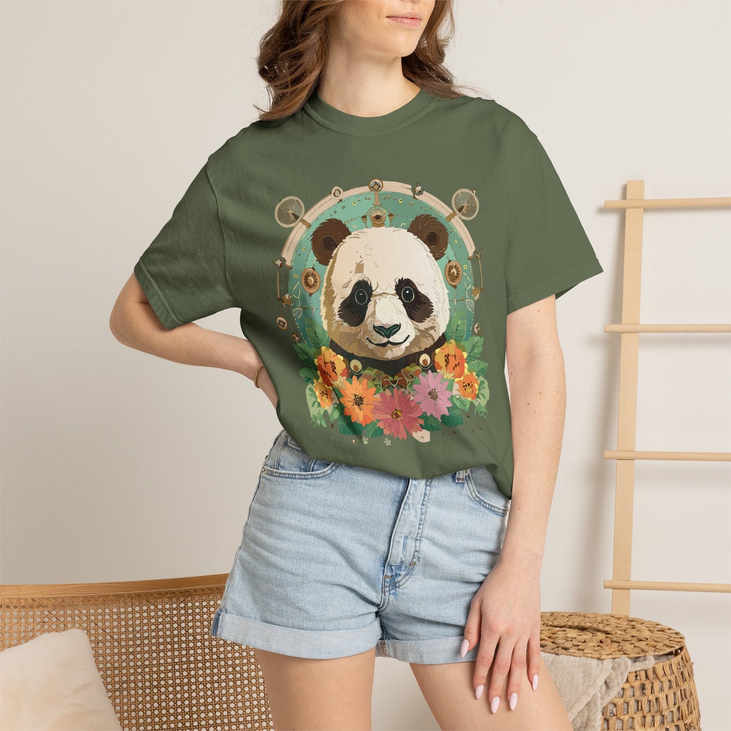 Panda Portrait T-Shirt Unisex Cotton Floral Chinese Graphic Circle Animal Art Tee p3