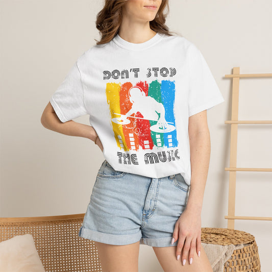 Don t Stop the Music DJ Silhouette T-Shirt Retro Rainbow Turntables Unisex Cotton Tee 016