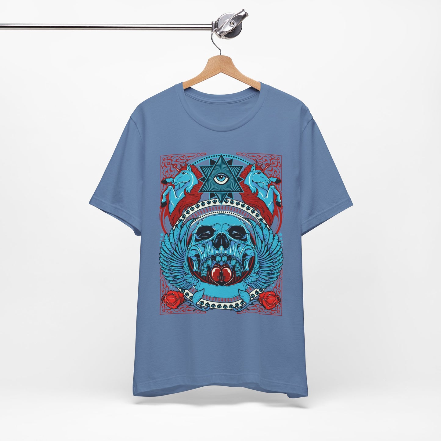 All-Seeing Skull Illustration Tee Winged Skull Third Eye Roses T-Shirt