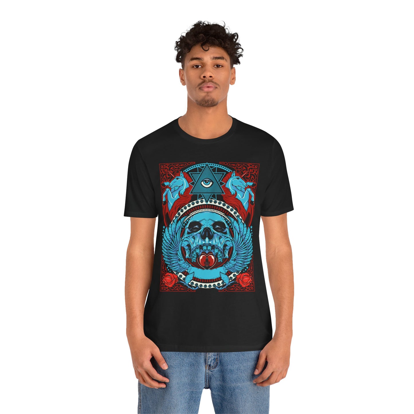 All-Seeing Skull Illustration Tee Winged Skull Third Eye Roses T-Shirt