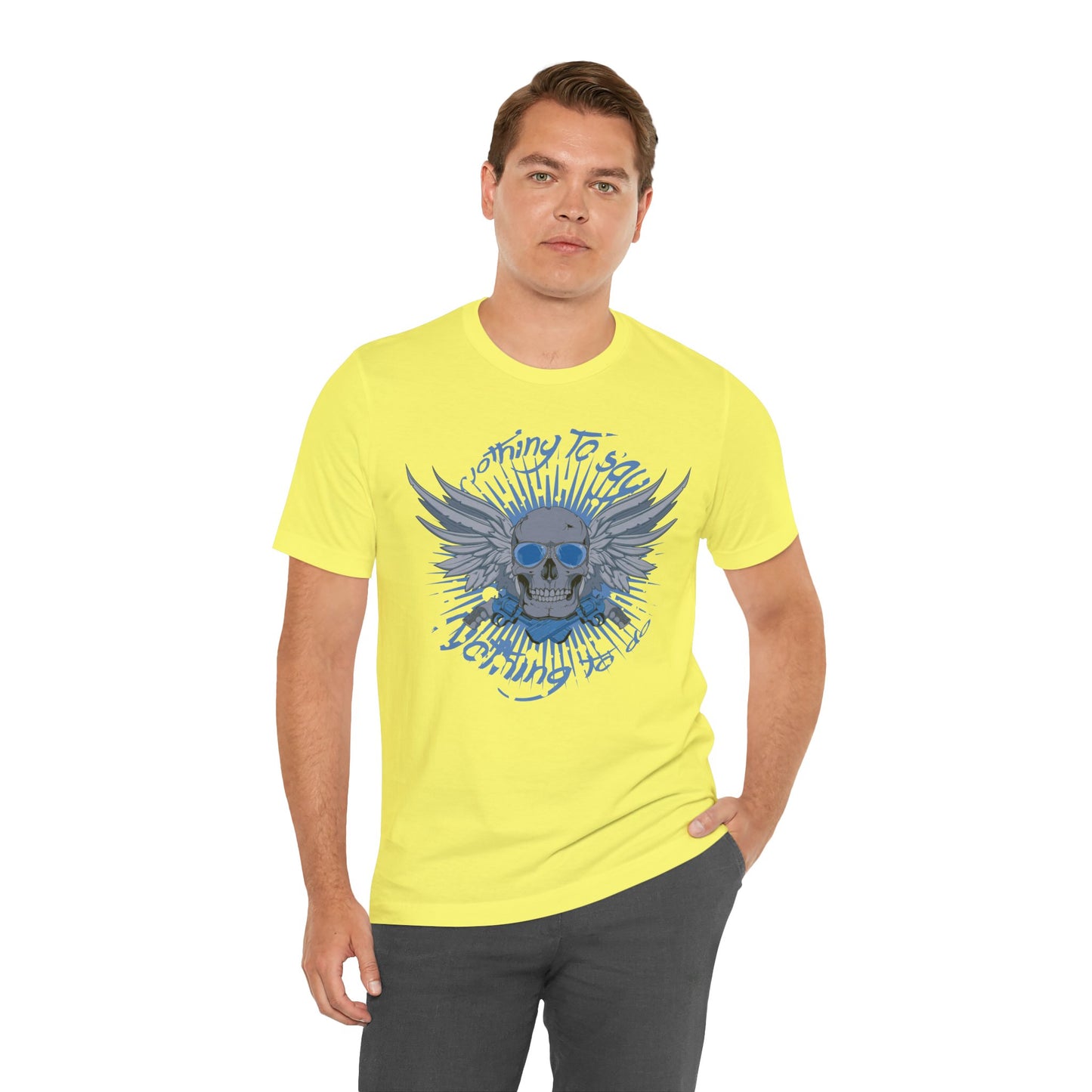 Winged Skull Graphic Tee | Blue Skull with Wings, Radiant Burst