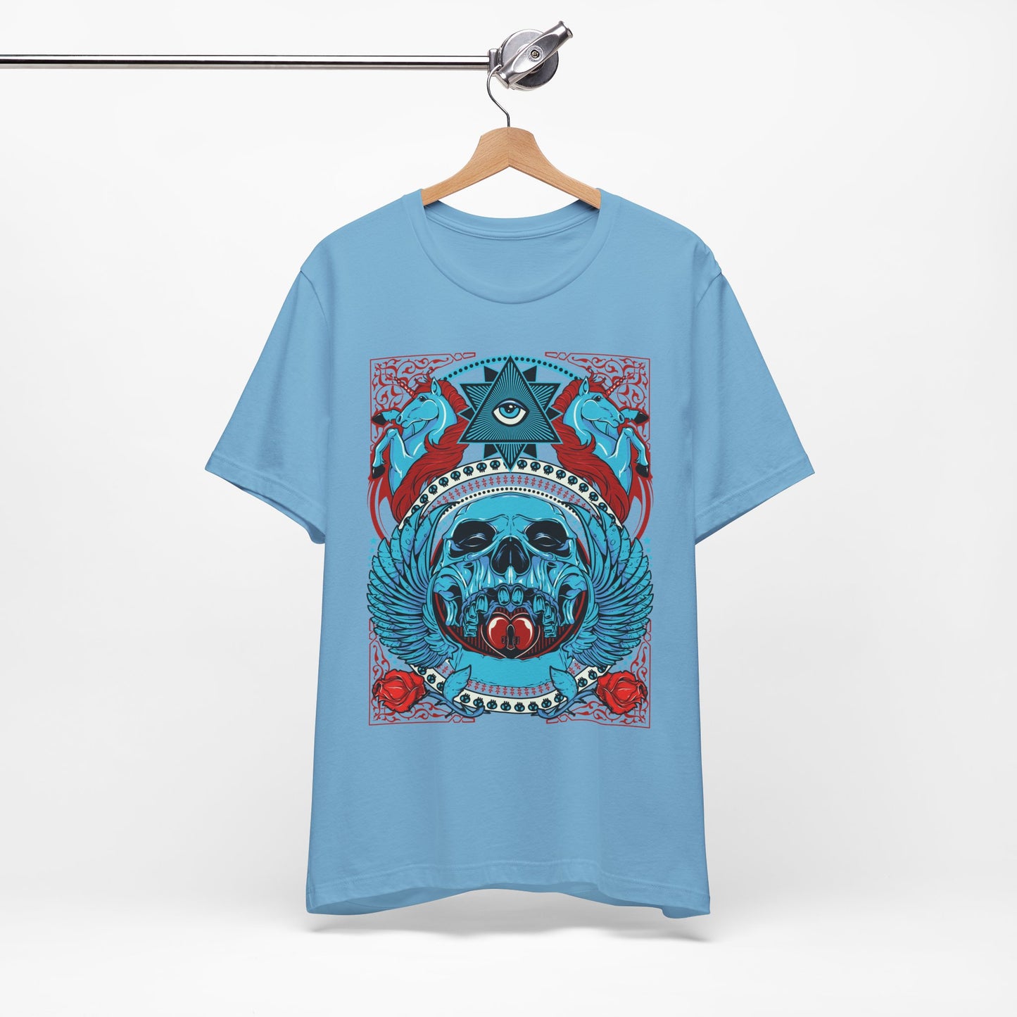 All-Seeing Skull Illustration Tee Winged Skull Third Eye Roses T-Shirt