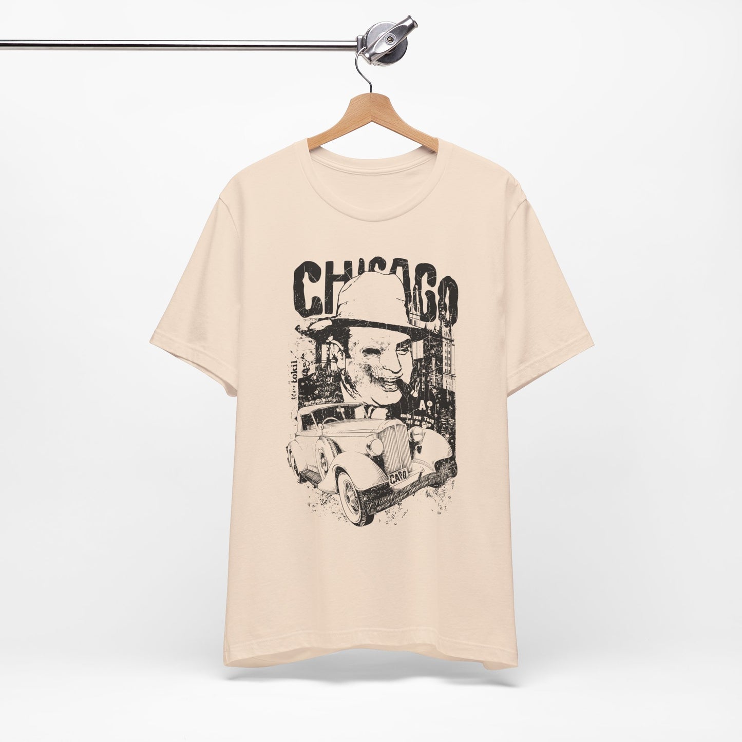 Chicago Retro Mobster Illustration Tee Vintage Car Cityscape Art Design T-Shirt A-8