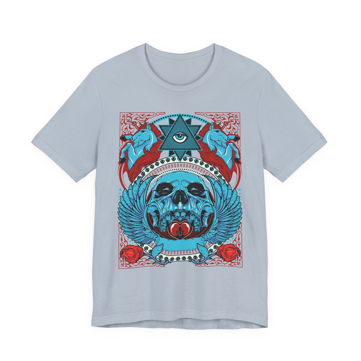 All-Seeing Skull Illustration Tee Winged Skull Third Eye Roses T-Shirt