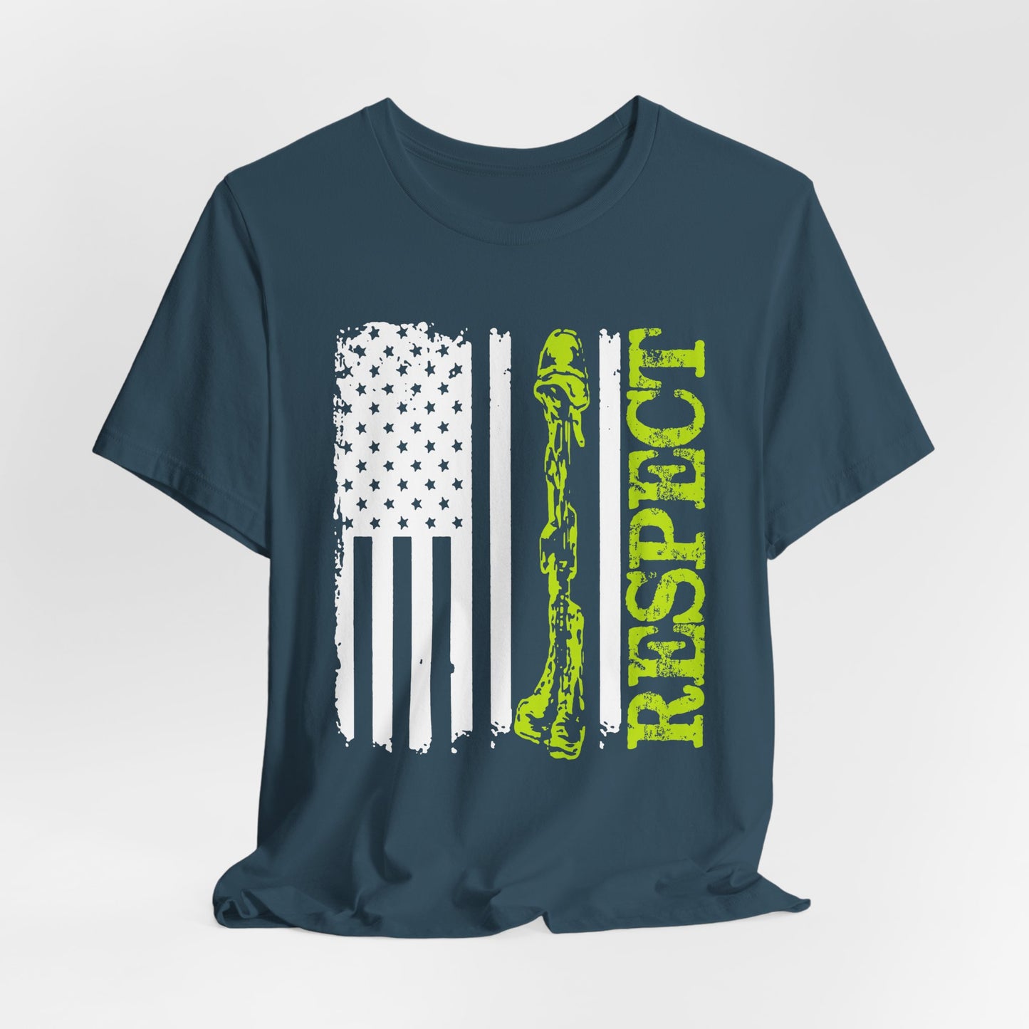 Respect Flag Rifle T-Shirt American Flag, Rifle Silhouette Military Tribute Unisex Cotton v57