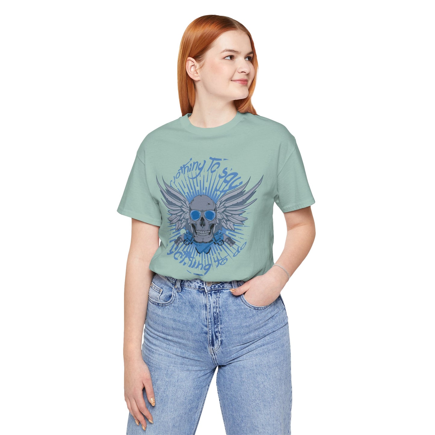 Winged Skull Graphic Tee | Blue Skull with Wings, Radiant Burst