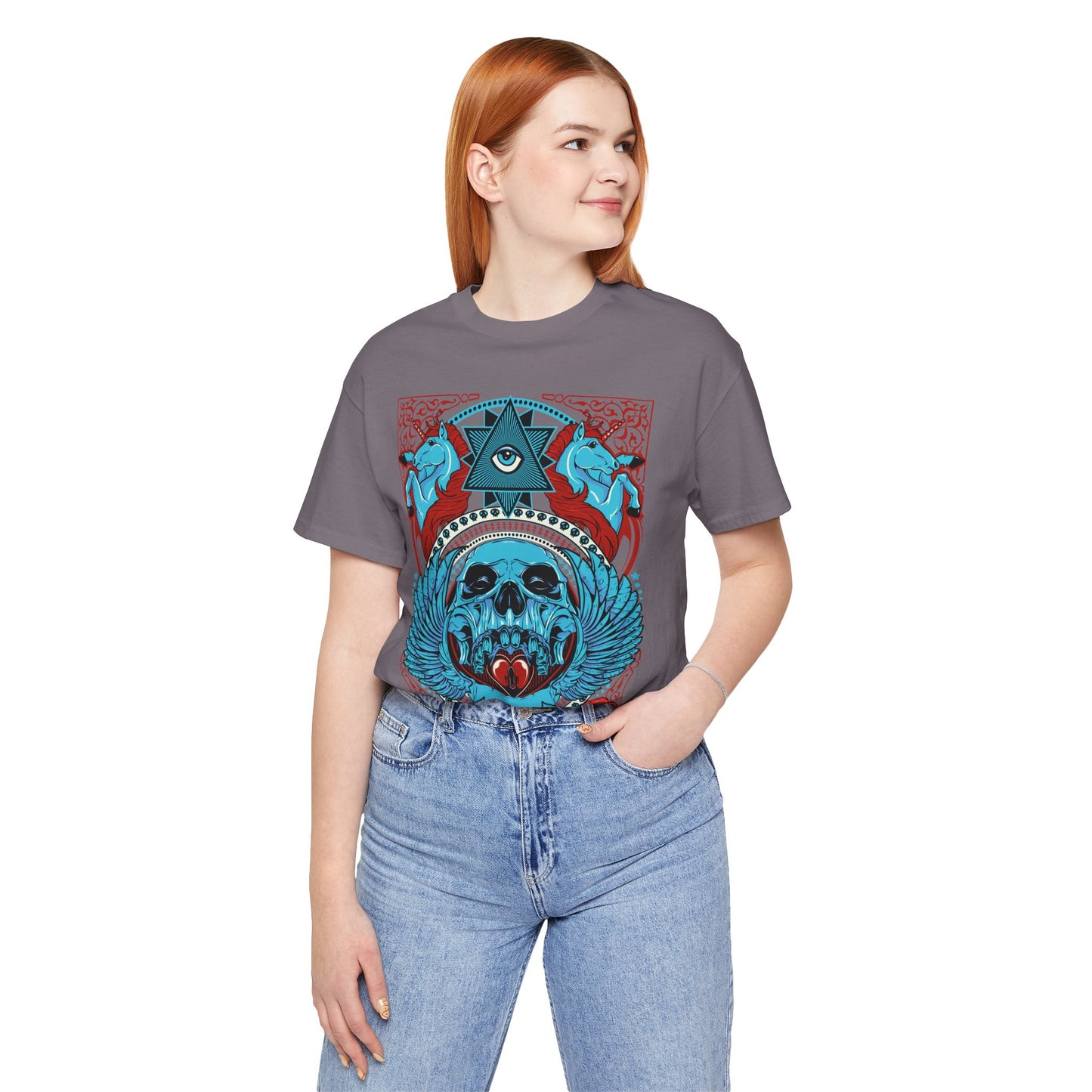 All-Seeing Skull Illustration Tee Winged Skull Third Eye Roses T-Shirt