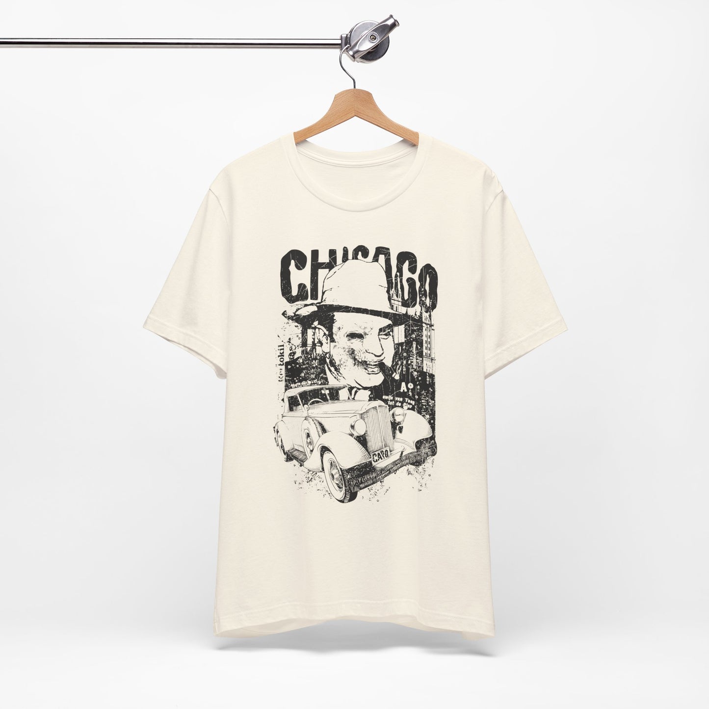 Chicago Retro Mobster Illustration Tee Vintage Car Cityscape Art Design T-Shirt A-8