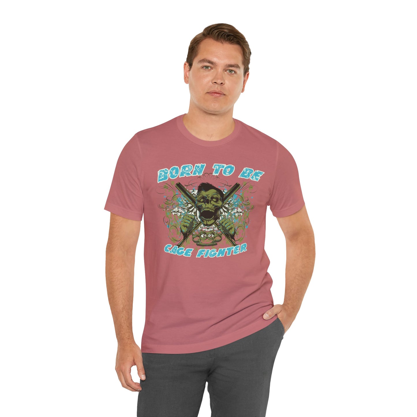 Born To Be Cage Fighter Tee Skull Crossed Knives Graphic T-Shirt