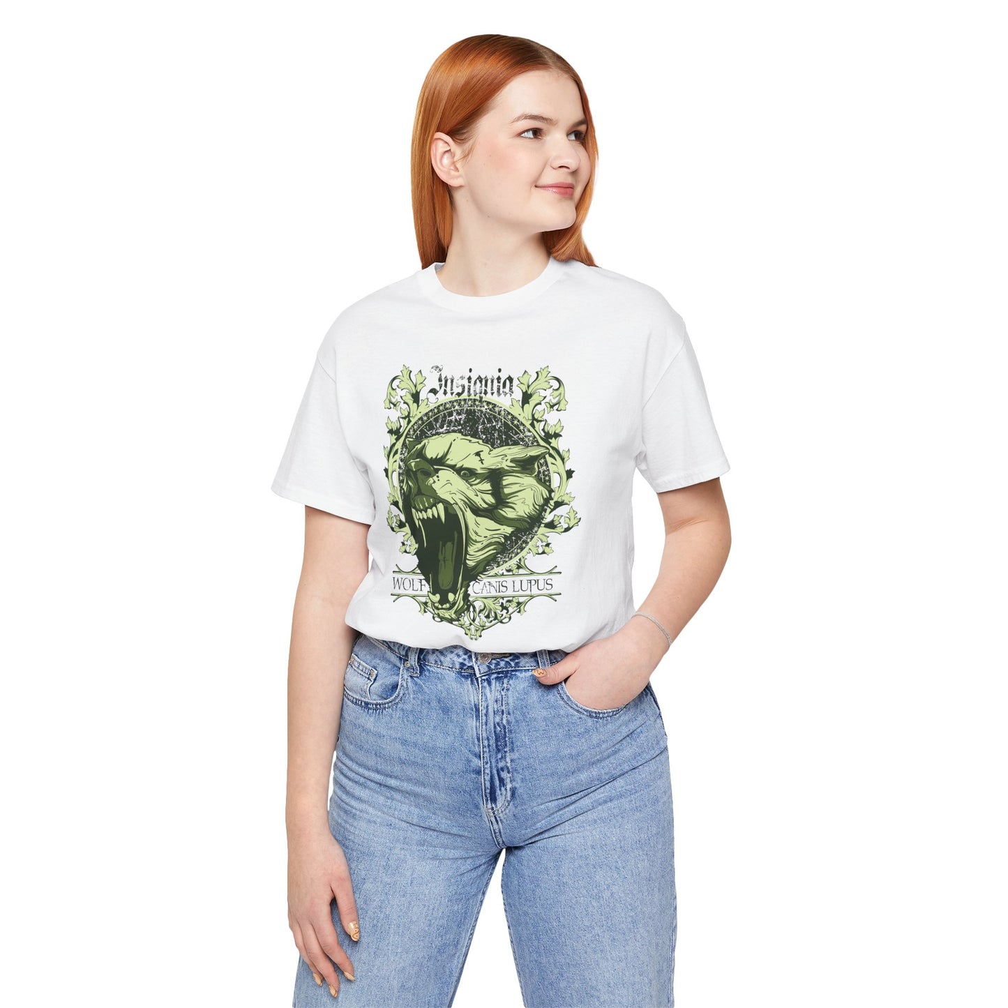 Howling Wolf Skull Tee Gothic Vintage Crest, Green Graphic Shirt Art-54