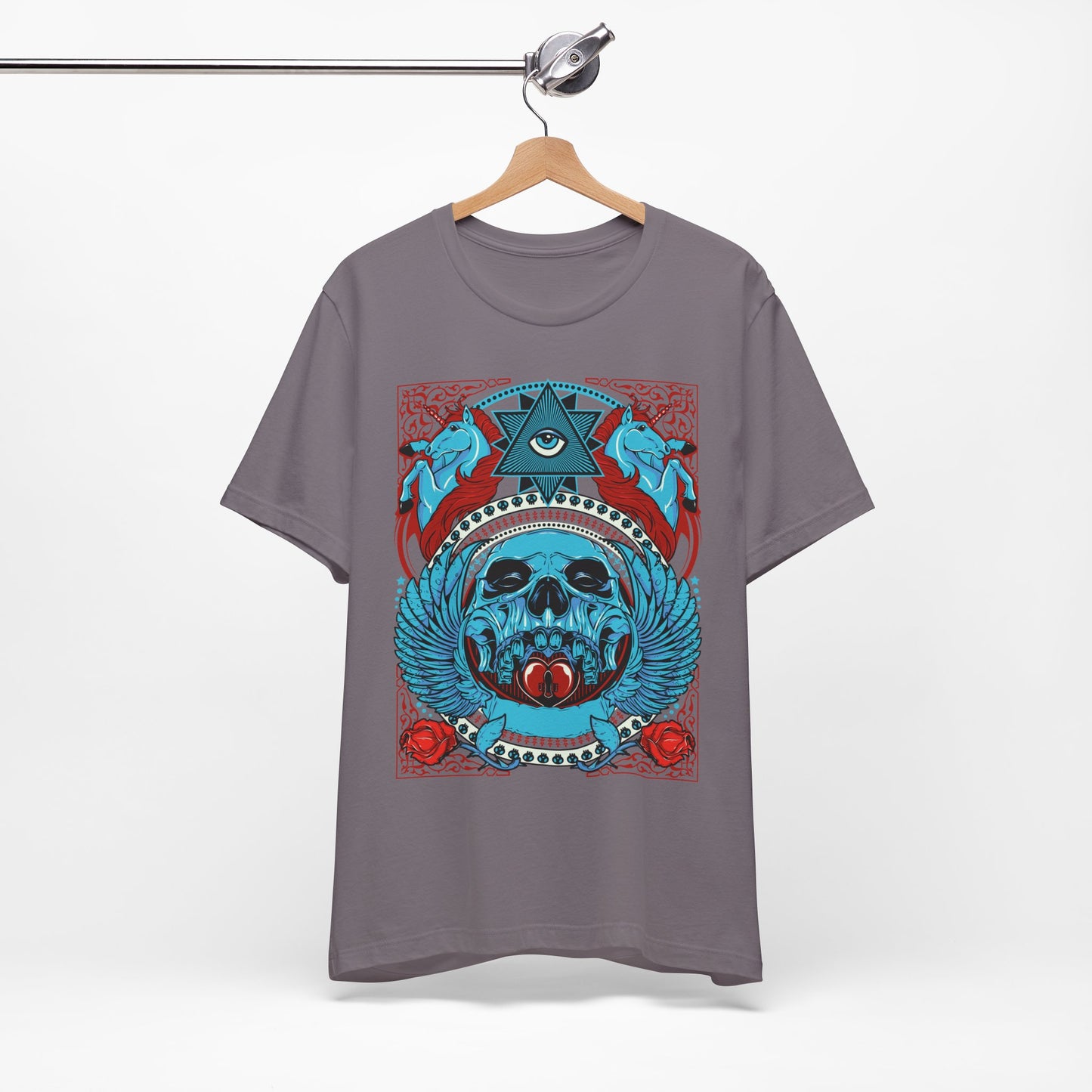 All-Seeing Skull Illustration Tee Winged Skull Third Eye Roses T-Shirt