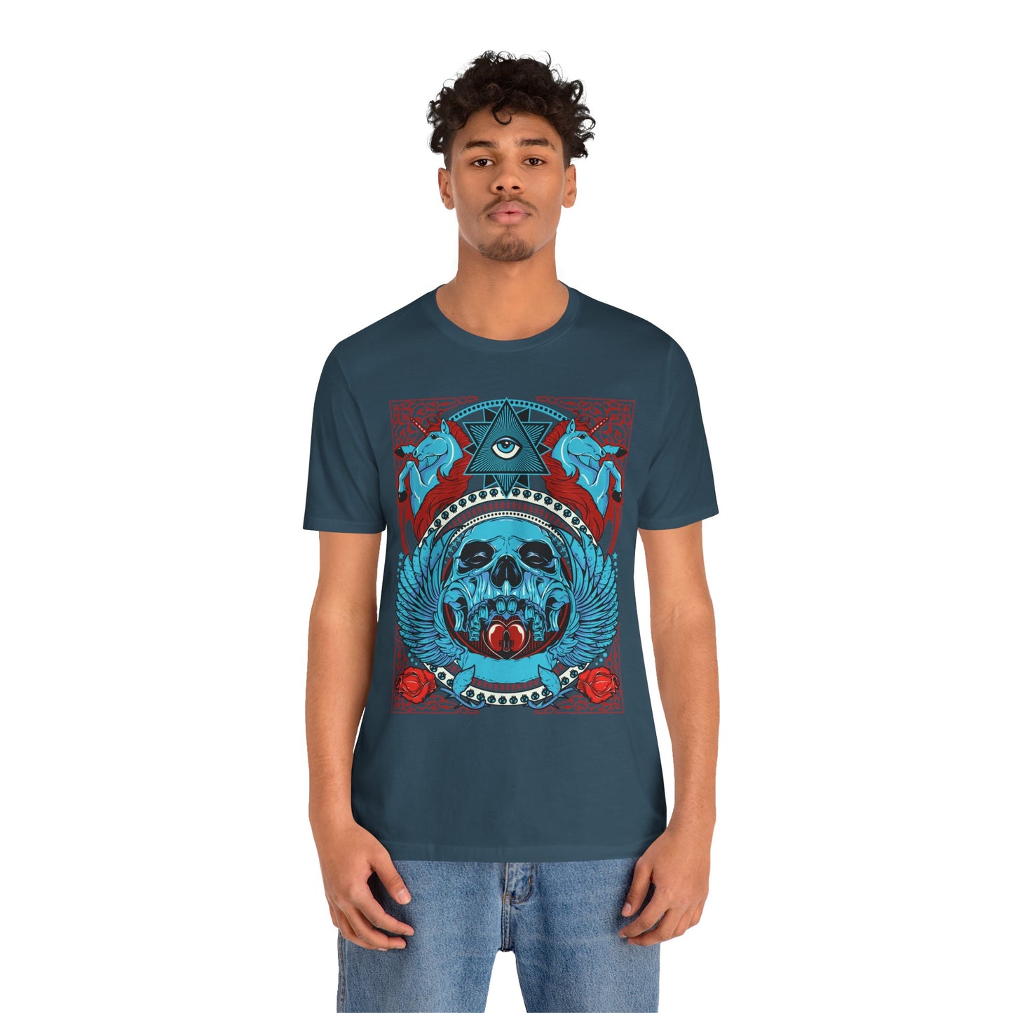 All-Seeing Skull Illustration Tee Winged Skull Third Eye Roses T-Shirt