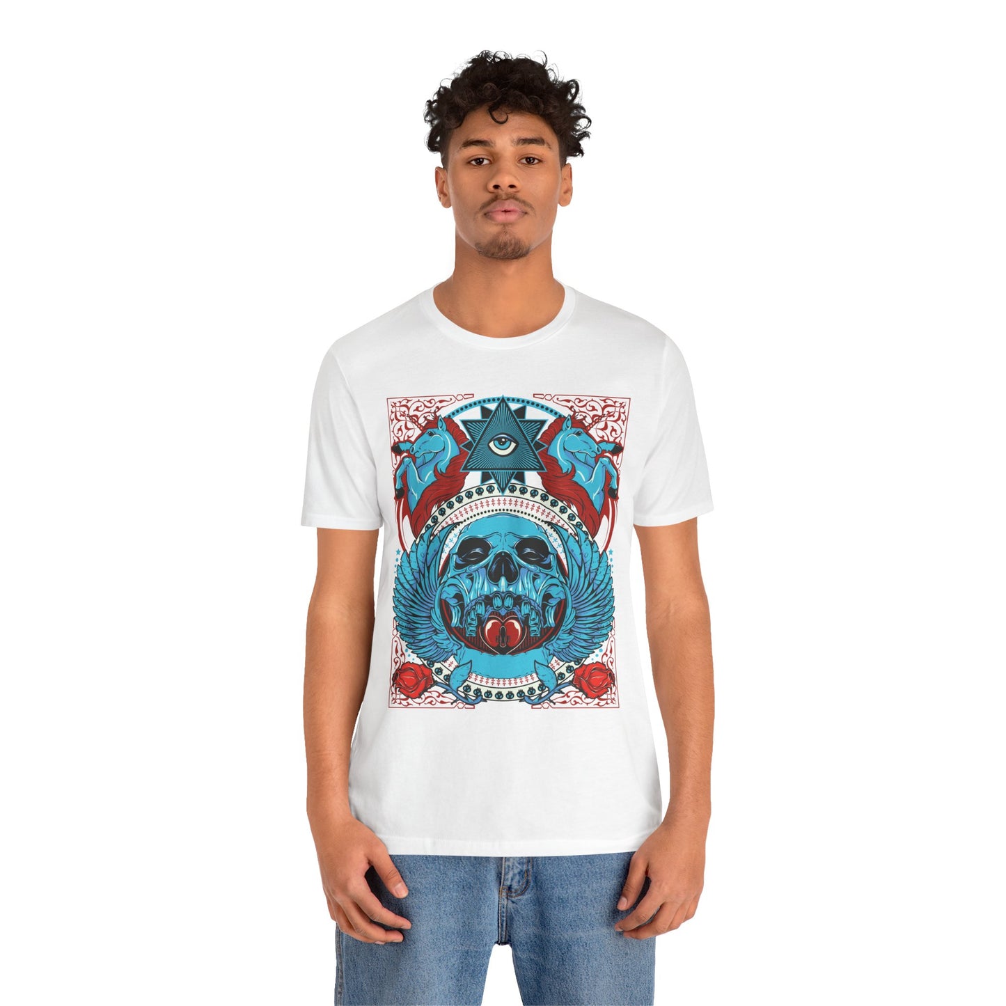 All-Seeing Skull Illustration Tee Winged Skull Third Eye Roses T-Shirt