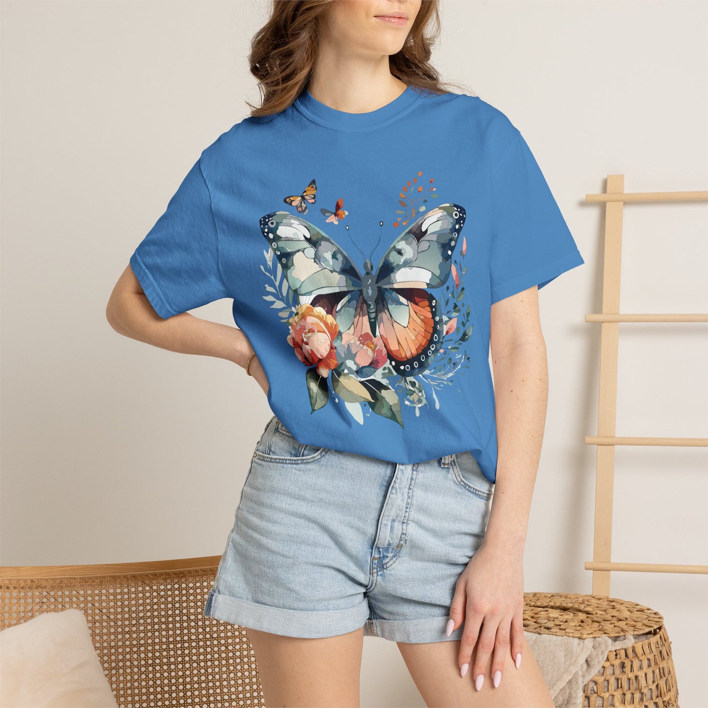Butterfly Floral Print T-Shirt Botanical Design Unisex Heavy Cotton Tee b1