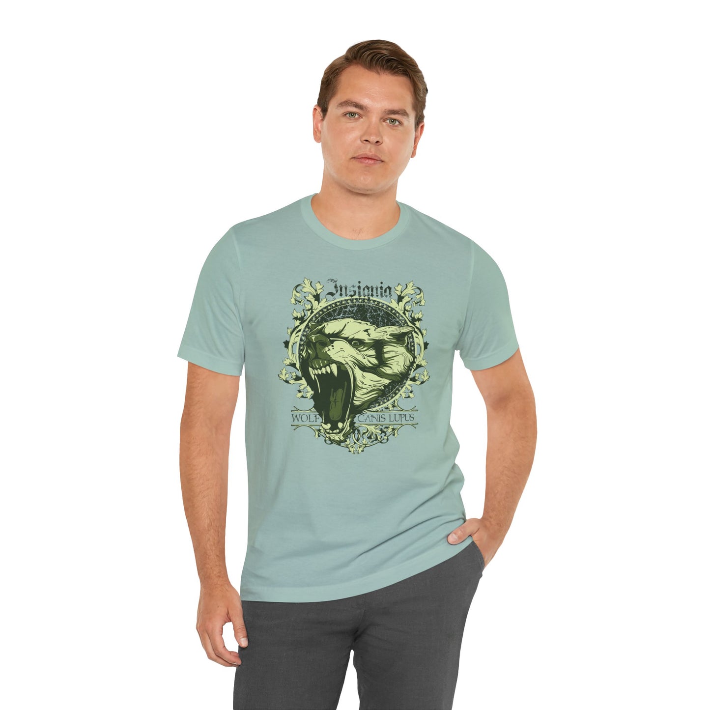 Howling Wolf Skull Tee Gothic Vintage Crest, Green Graphic Shirt Art-54