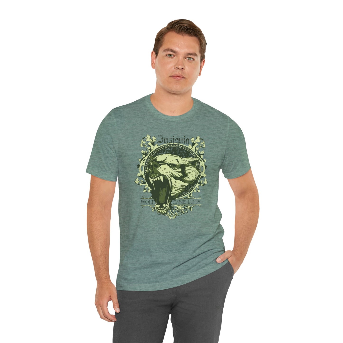 Howling Wolf Skull Tee Gothic Vintage Crest, Green Graphic Shirt Art-54