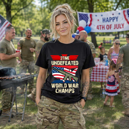 2Time Undefeated World War Champs T-Shirt American Flag Rifle Design Unisex Cotton v15