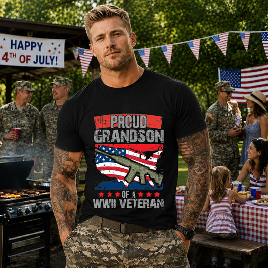 Proud Grandson of a WWII Veteran T-Shirt American Flag Rifle Graphic Unisex Cotton v16
