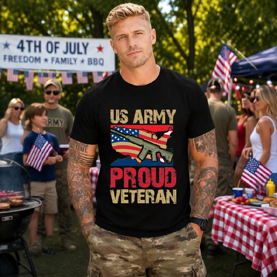 US Army Proud Veteran T-Shirt American Flag Rifle Military Unisex Cotton Tee v17
