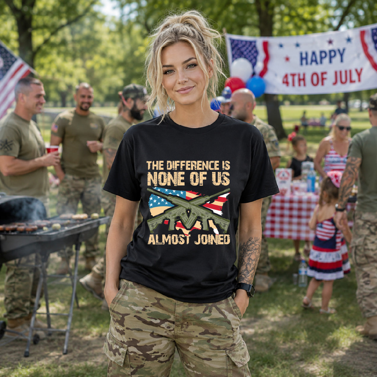 The Difference Is None Of Us Almost Joined Tee American Flag Crossed Rifles Unisex Cotton v18