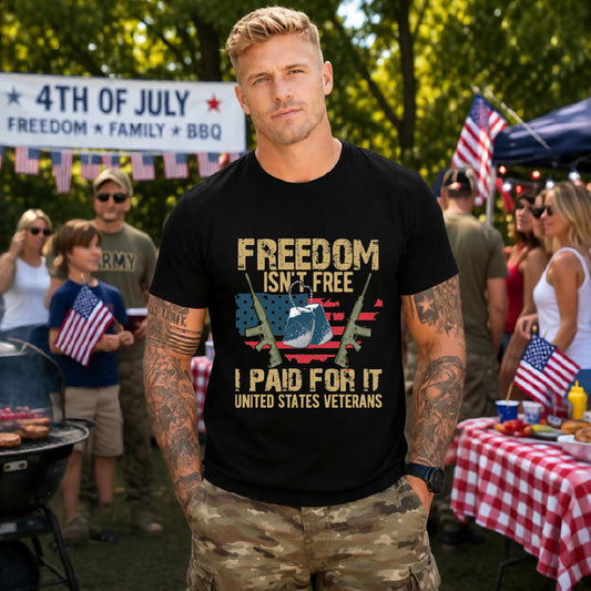 Freedom Isn't Free Paid For It Veterans T-Shirt American Flag Combat Helmet Unisex Cotton Tee v19