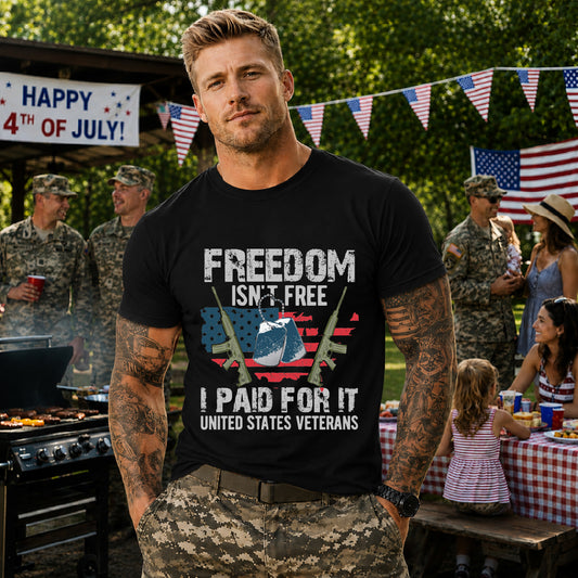 Freedom Isn't Free Paid For It Veterans T-Shirt American Flag Military Helmet Unisex Cotton v20