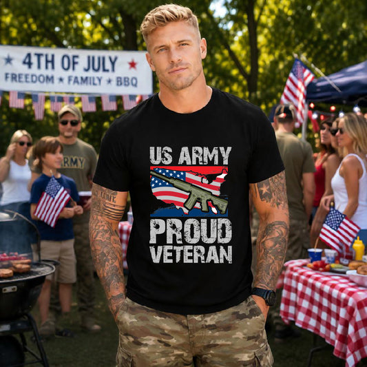 US Army Proud Veteran T-Shirt American Flag Rifle Graphic Unisex Cotton v21