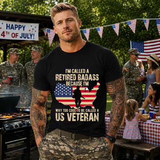 Retired Badass US Veteran T-Shirt American Flag Silhouette Unisex Cotton v22