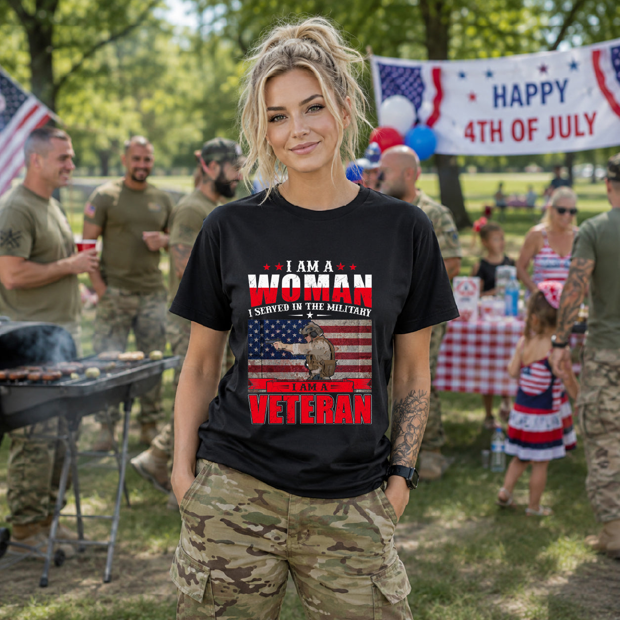 I Am A Woman I Served In The Military Veteran T-Shirt American Flag Unisex Cotton v27