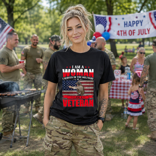 I Am A Woman I Served In The Military Veteran T-Shirt American Flag Unisex Cotton v27