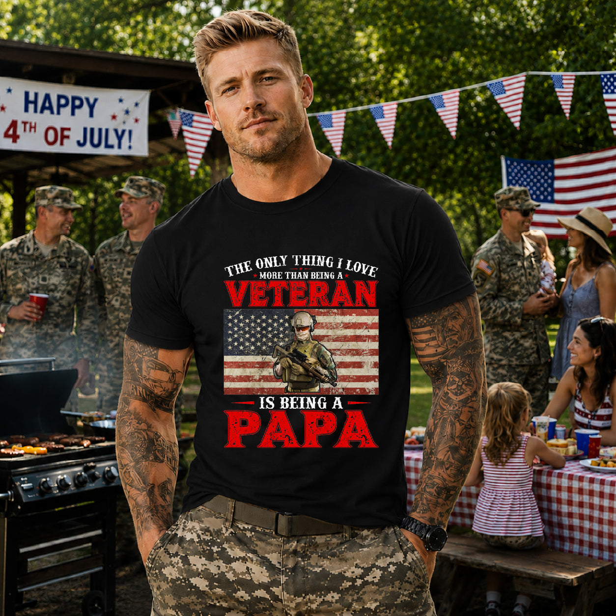 Veteran with American Flag Papa T-Shirt Military Grandpa Unisex Cotton Tee v30