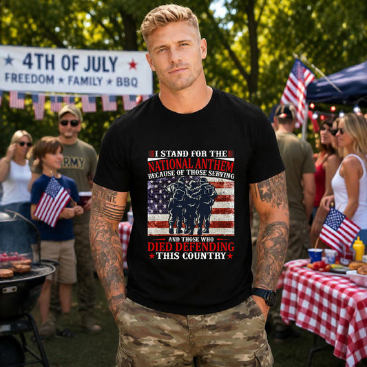 I Stand For The National Anthem military tribute T-Shirt American flag soldiers Unisex Cotton v36