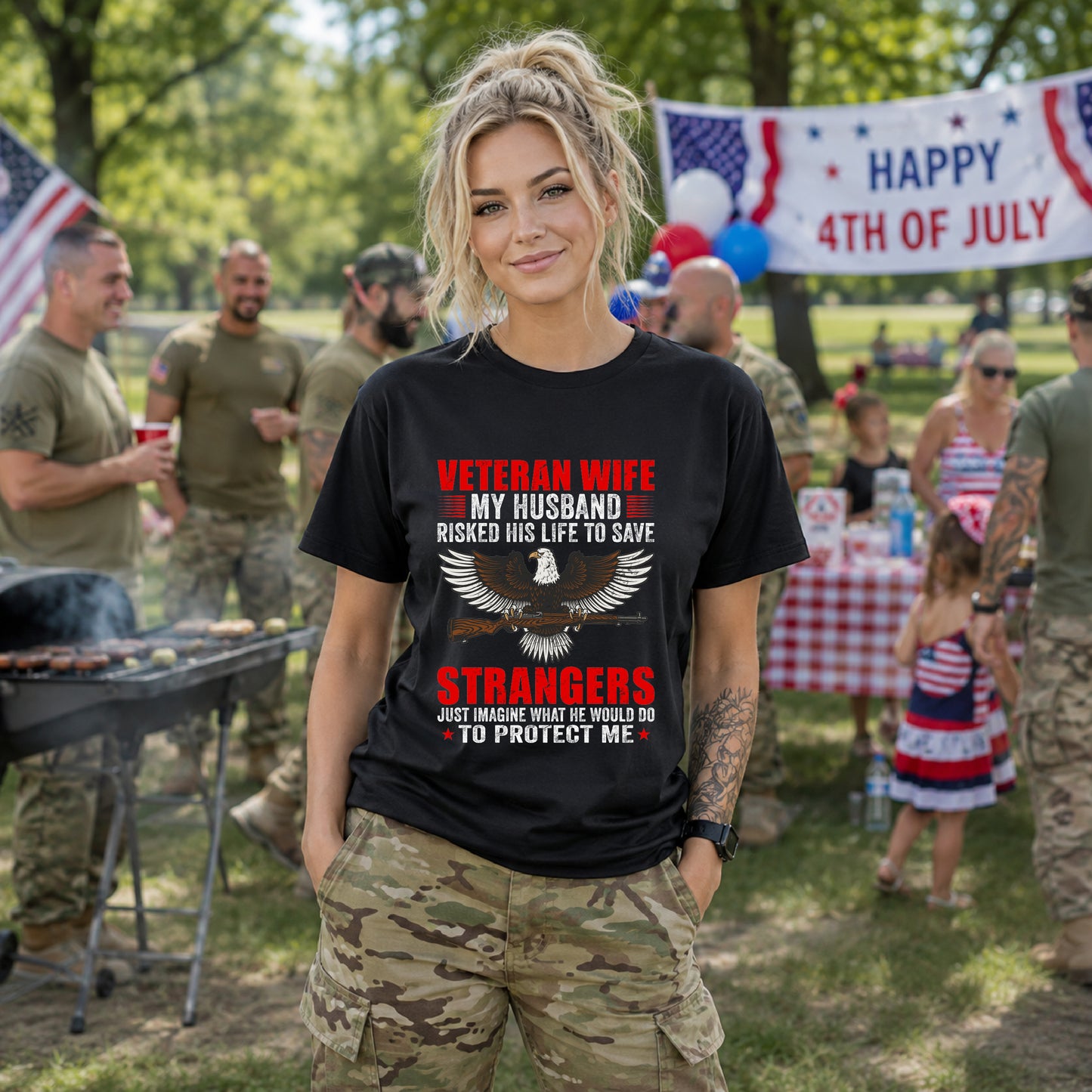Veteran Wife My Husband Risked His Life To Save Strangers T-Shirt Eagle Rifle Unisex Cotton Tee v40